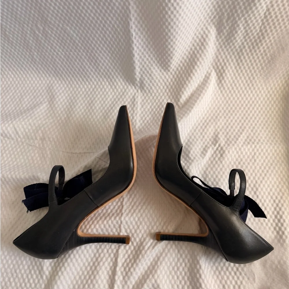Tory Burch Balletcore Bow Kitten Navy Heels Size 6.5 All Leather NWOB